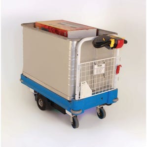 Slingsby powered Go-Far mailroom parcel truck with additional full length basket with load level container