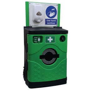 SafetyHub mobile hand sanitising station with lockable cabinet