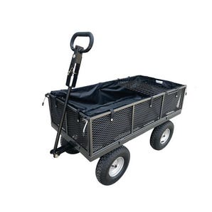 Industrial platform truck with mesh base, drop down sides and ends, soft plastic liner and tool tray