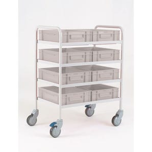 Four tier order picking trolley with 8 plastic trays
