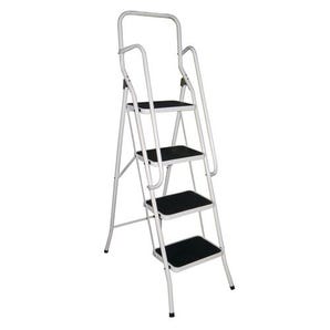 White folding step stool with handrail