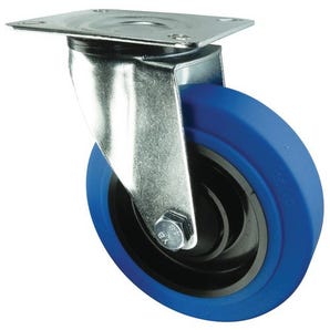 Blue rubber tyred catering wheel, plate fixing - swivel