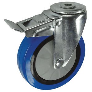 Nylon centre, blue rubber tyred wheel, single hole fixing - swivel with total-stop brake