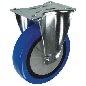 Nylon centre, blue rubber tyred wheel, plate fixing  - fixed