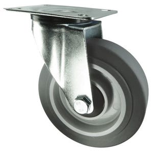 Nylon centre, grey rubber tyred, plate fixing - swivel