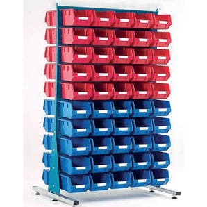Double-sided louvre panel racks, with bins