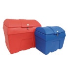 Red and blue storage bins with lockable lids