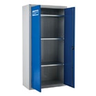 Grey cupboard with blue doors and shelves