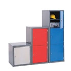 Grey lockers with white, red and blue doors