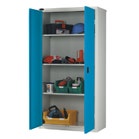 Grey cupboard with blue doors and shelves