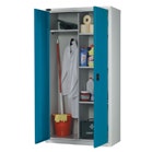 Grey cupboard with blue doors and cleaning equipment 