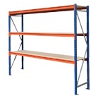 Orange and blue wide span shelving with chipboard shelves