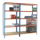 Orange and blue shelving unit with chipboard shelves 