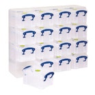 Stacked clear plastic storage boxes with blue handles