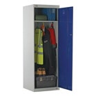 Grey locker with blue door and uniforms