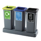 Three grey recycling bins with coloured lids on a stand