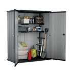 Grey garden shed with garden tools