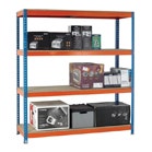 Orange and blue shelving unit with chipboard shelves 