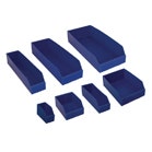 Blue small parts storage bins in multiple sizes