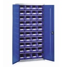 Grey storage cabinet with blue doors and internal small parts blue storage bins