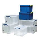 Stacked plastic clear and blue container boxes