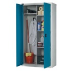 Grey cupboard with blue doors and cleaning equipment 